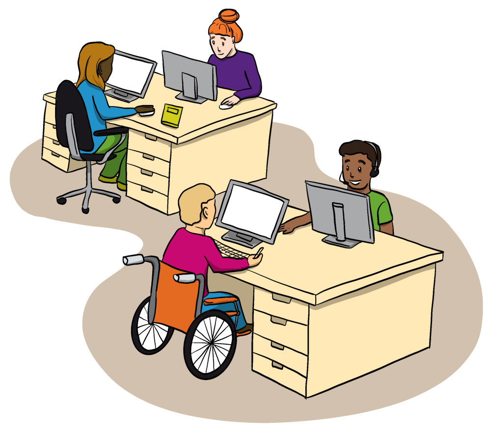 Gezeichnetes Bild von vier Personen, die jeweils an Schreibtischen an Computern arbeiten.
