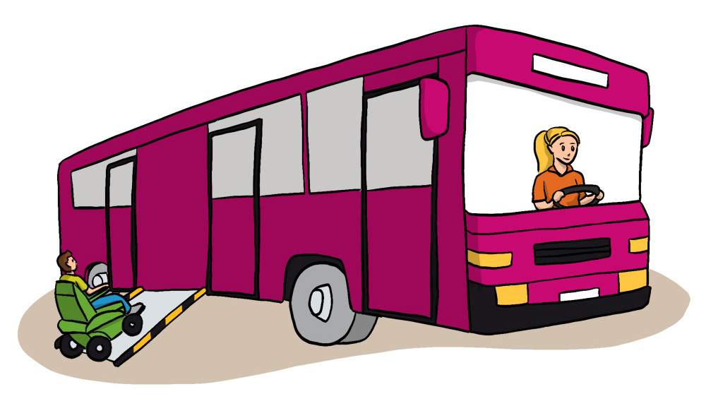 Ein linker Bus der eine Rampe ausgefahren hat, damit eine Person in einem Rollstuhl in den Bus fahren kann. Das Bild ist gezeichnet.