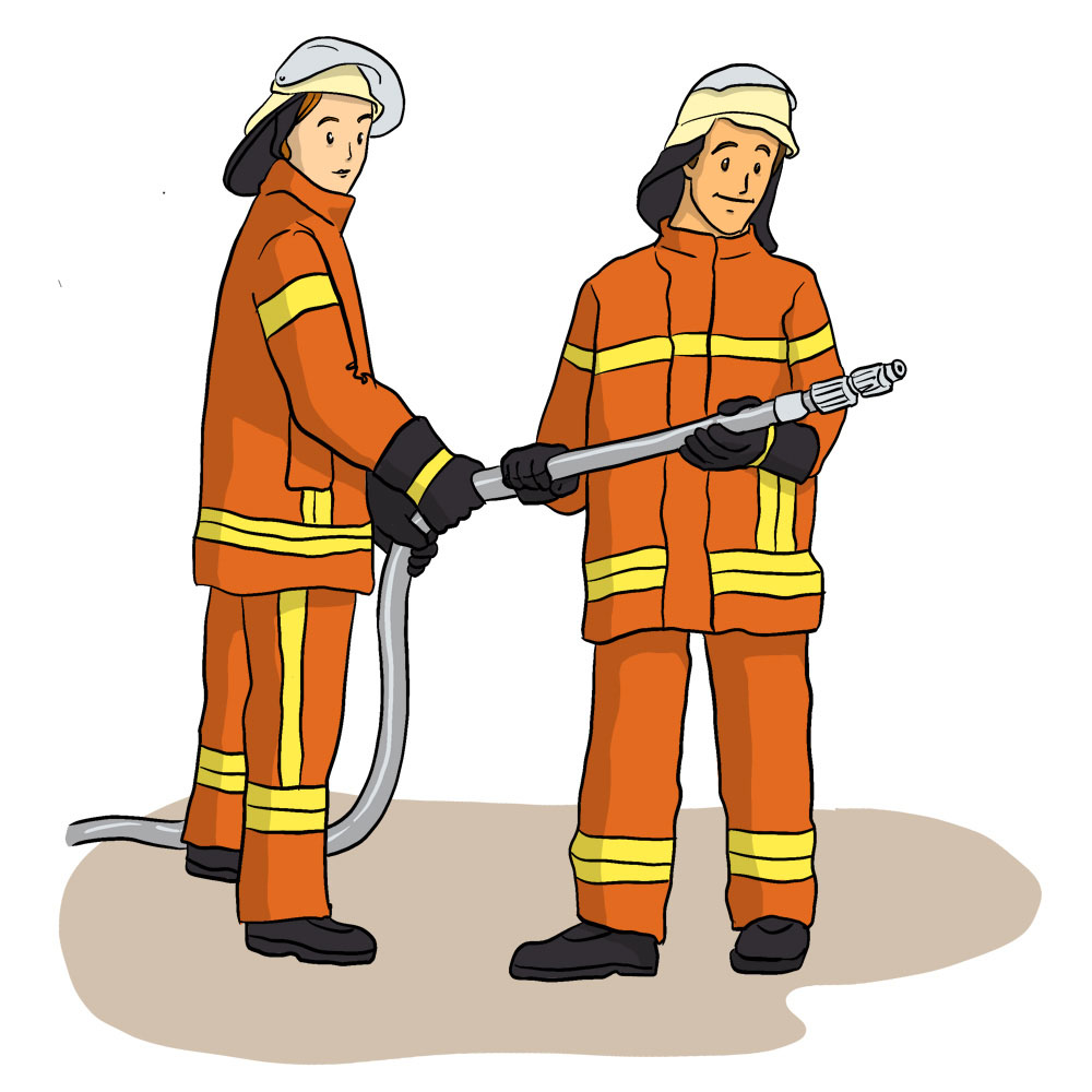 Gezeichnetes Bild von zwei Feuerwehrmännern mit einem Schlauch.