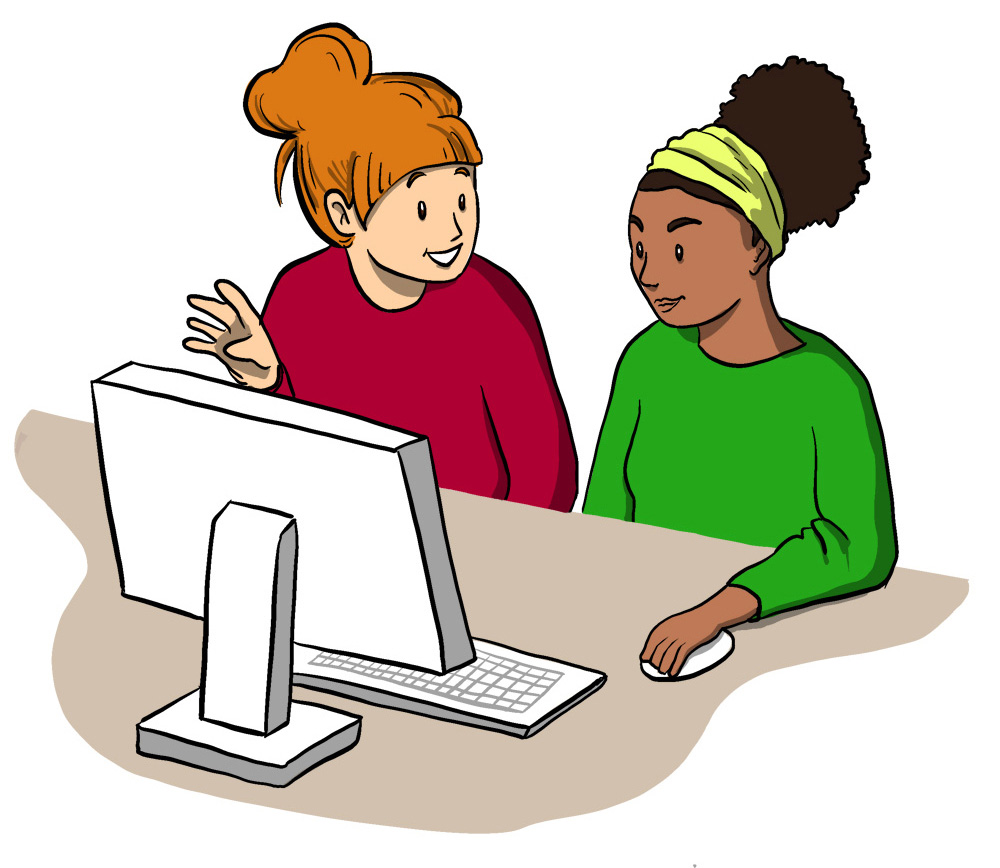 Gezeichnetes Bild von zwei Frauen, die zusammen vor einem Computer sitzen, die eine Frau erklärt oder erzählt der anderen etwas.